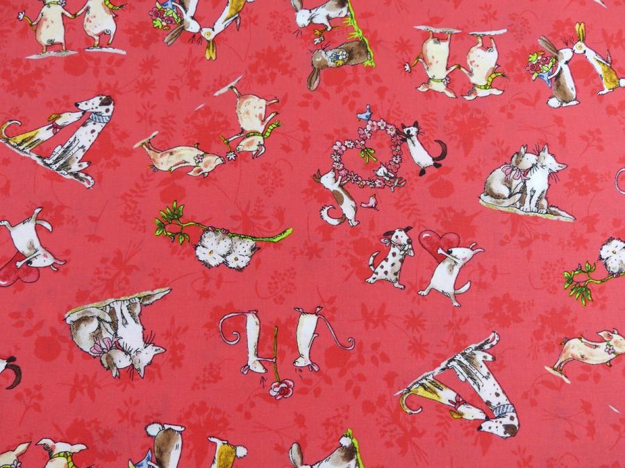 Patchworkstoff From the Hearts in Rot mit Tieren von Clothworks